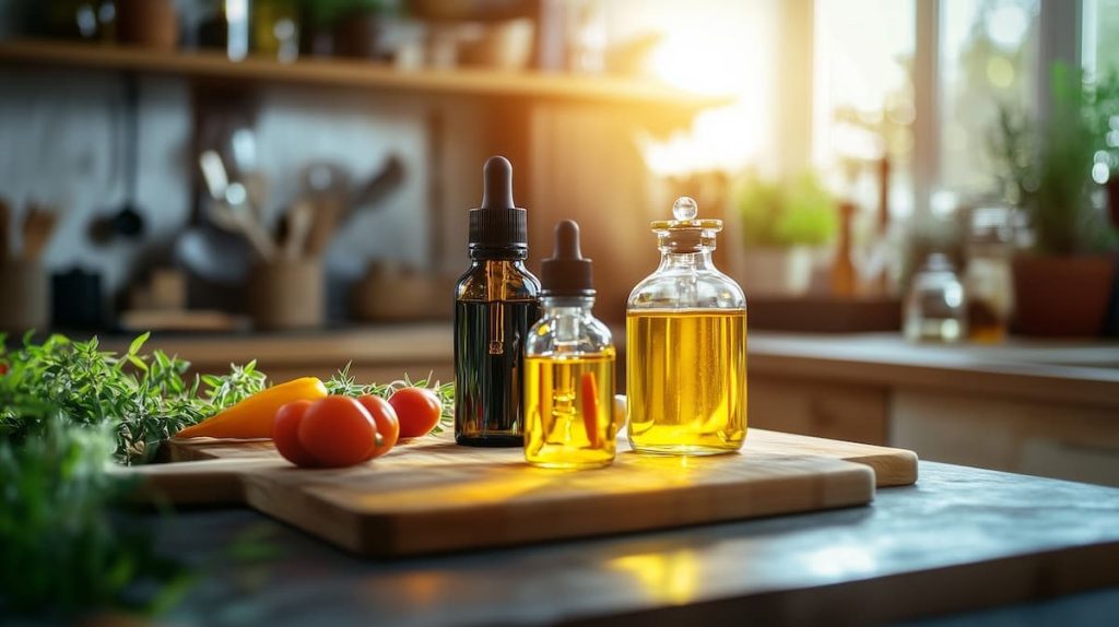 huiles de cbd et ingrédients dans une cuisine
