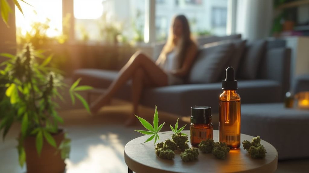 femme avec fleurs de cbd dans un salon
